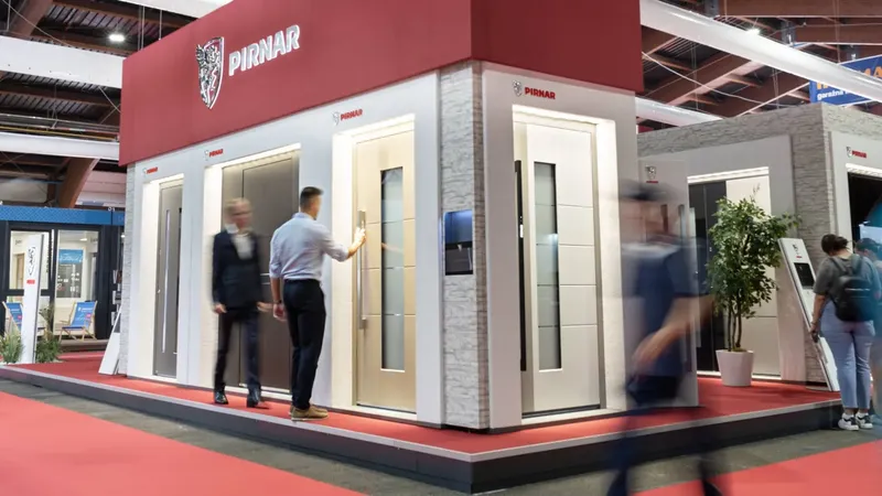 Na razstavi so prikazane različne vhodne vrata z različnimi oblikami in materiali.