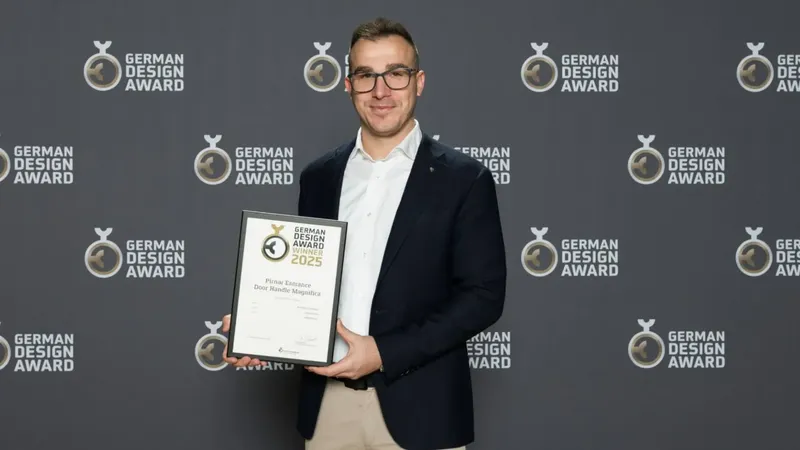 Moški drži priznanje za oblikovanje pred ozadjem z logotipi German Design Award.