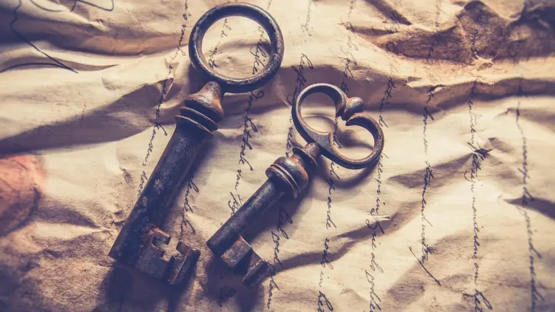 Dva kovinska ključa ležita na zmečkanem papirju s pisavo.