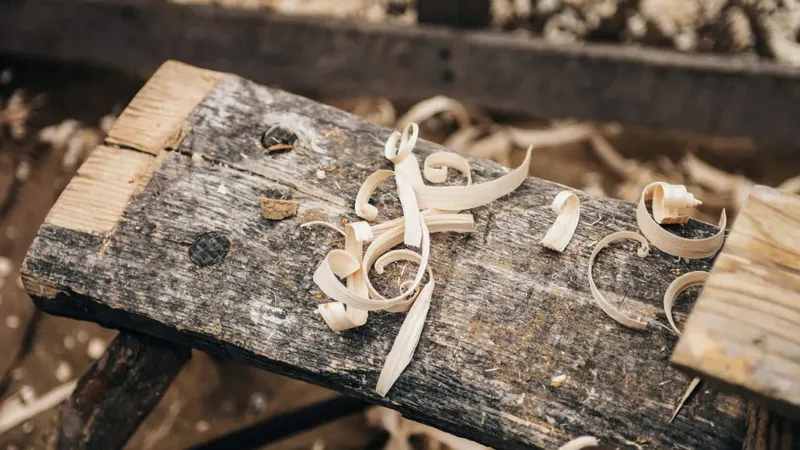 Na leseni površini so raztreseni leseni trakovi in ostružki.