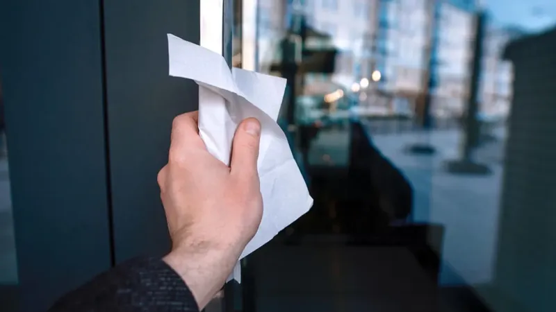 Moška roka drži papirnato brisačo in čisti stekleno vrata.