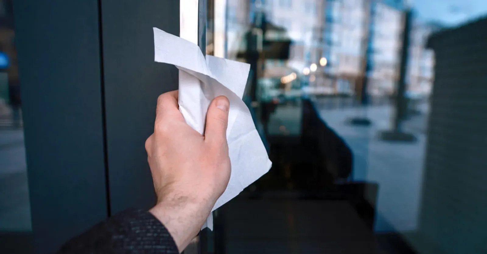 Moška roka drži papirnato brisačo in čisti stekleno vrata.