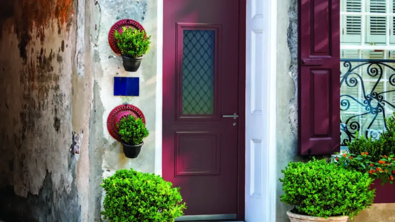 Vrata z mrežastim steklom in vijoličnimi okenskimi policami, obkrožena z rastlinami v lončkih.