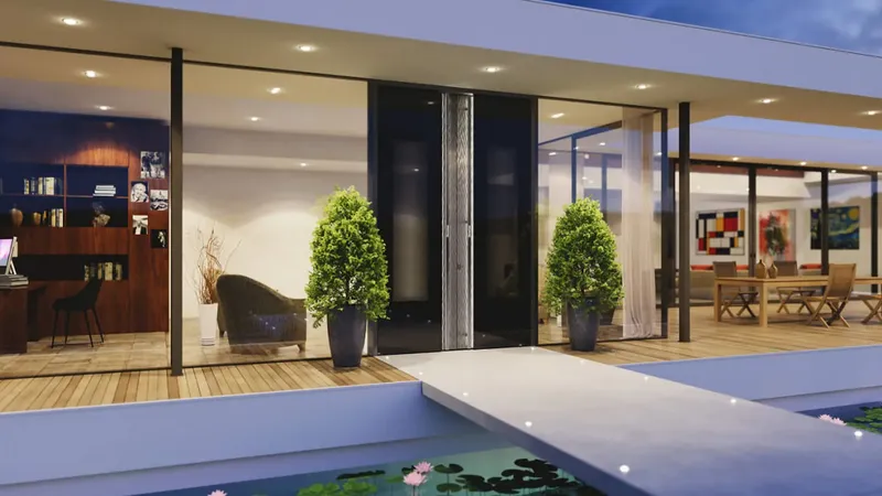 Dve stekleni drsni vrata sta obkrožena z dvema okrasnima grmovjema v lončkih.