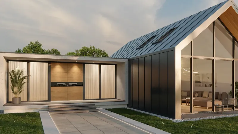 Vrata z lesenim okvirjem in steklenimi paneli ter steklena stena s pogledom na notranjost hiše.