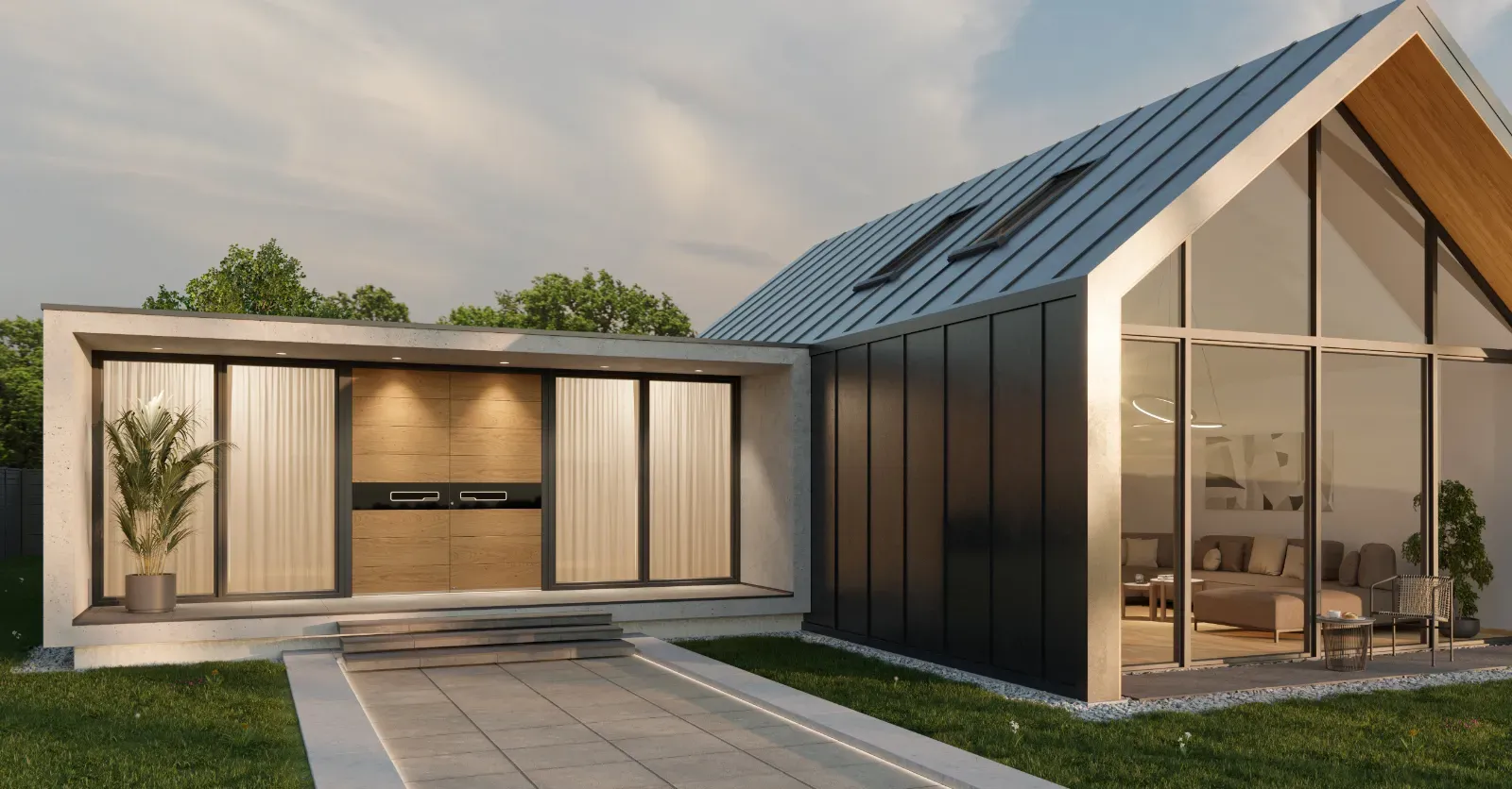 Vrata z lesenim okvirjem in steklenimi paneli ter steklena stena s pogledom na notranjost hiše.