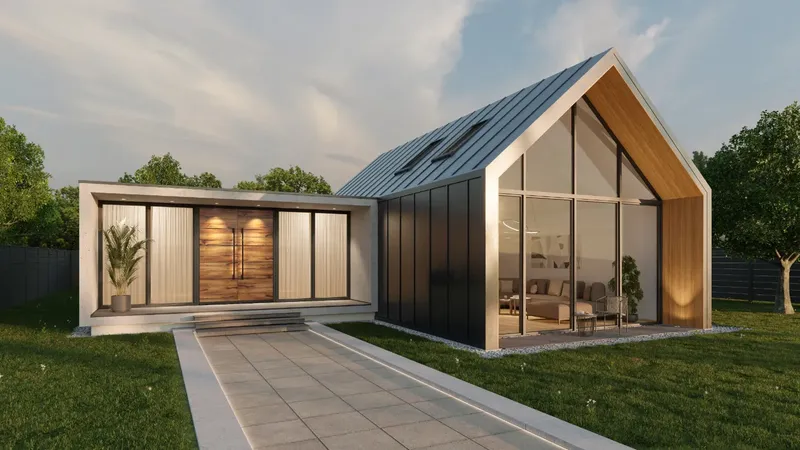 Lesena vrata z velikimi steklenimi paneli in stebrom z rastlino ob vhodu.