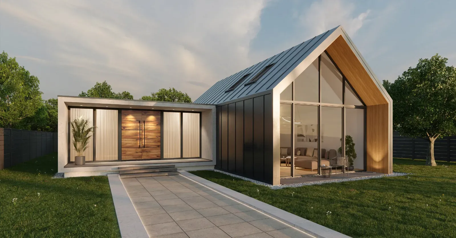 Lesena vrata z velikimi steklenimi paneli in stebrom z rastlino ob vhodu.