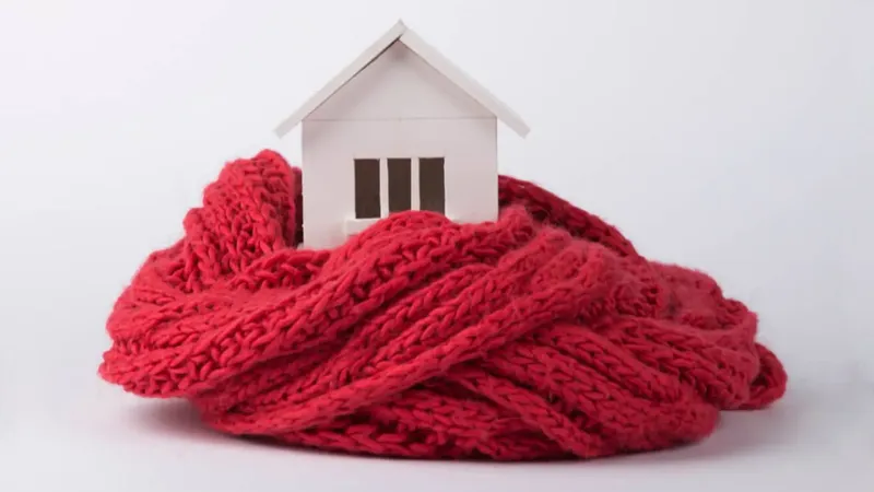 Majhna hiša z dvokapno streho in tremi okni je postavljena na rdečo pleteno tkanino.