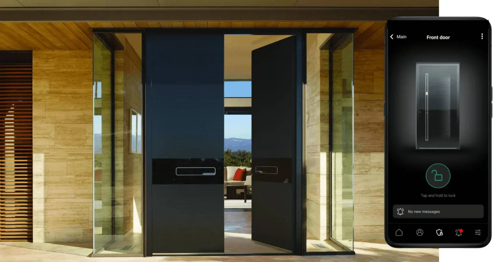 Dve stekleni vrata se odpirata proti zunanjosti, z modernimi ročaji na črni površini.