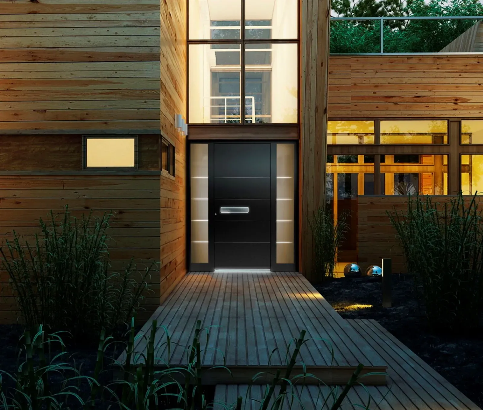 Črna vhodna vrata z vgrajenimi svetlobnimi elementi in leseno teraso.