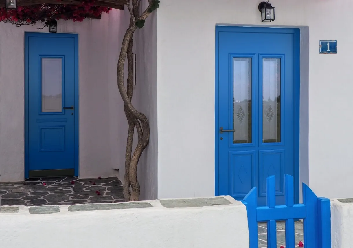 Blue front doors with maritime flair