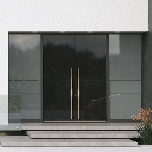 British chic black front doors with ornate design