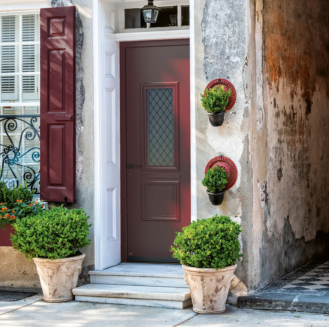Dark red door finish