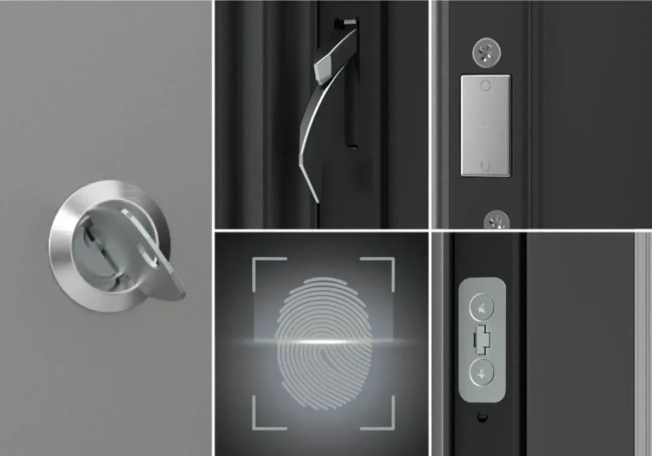 Na vratih so vidni ključavnica, ročaj in senzor za prstne odtise.
