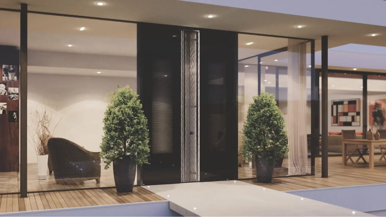 Wooden front door with security features