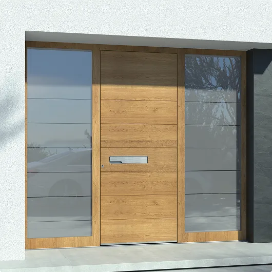 Emphasis on wooden doors with glass or aluminum