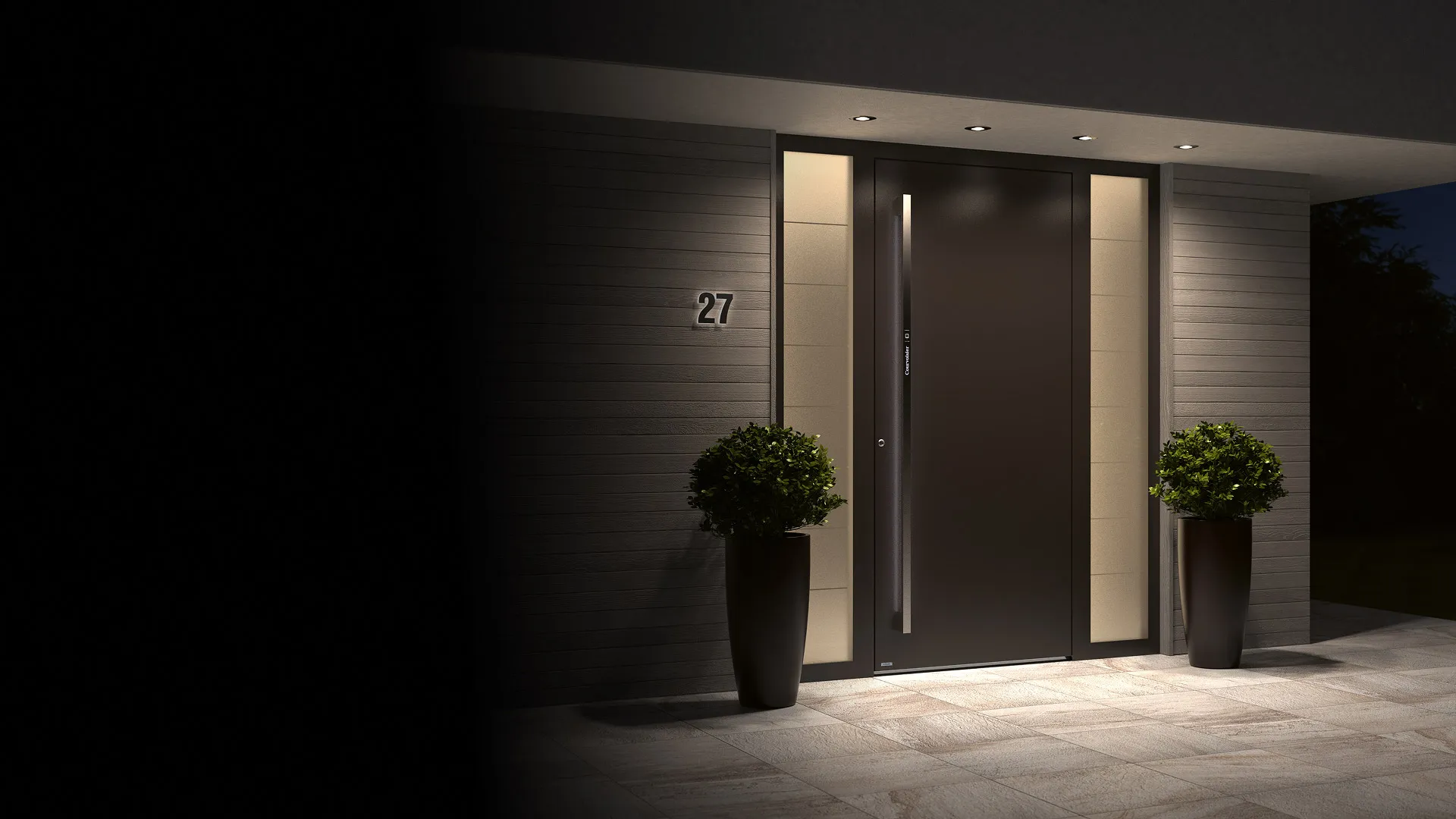 Moderne Haustür mit Griff- und Zutrittssystemen