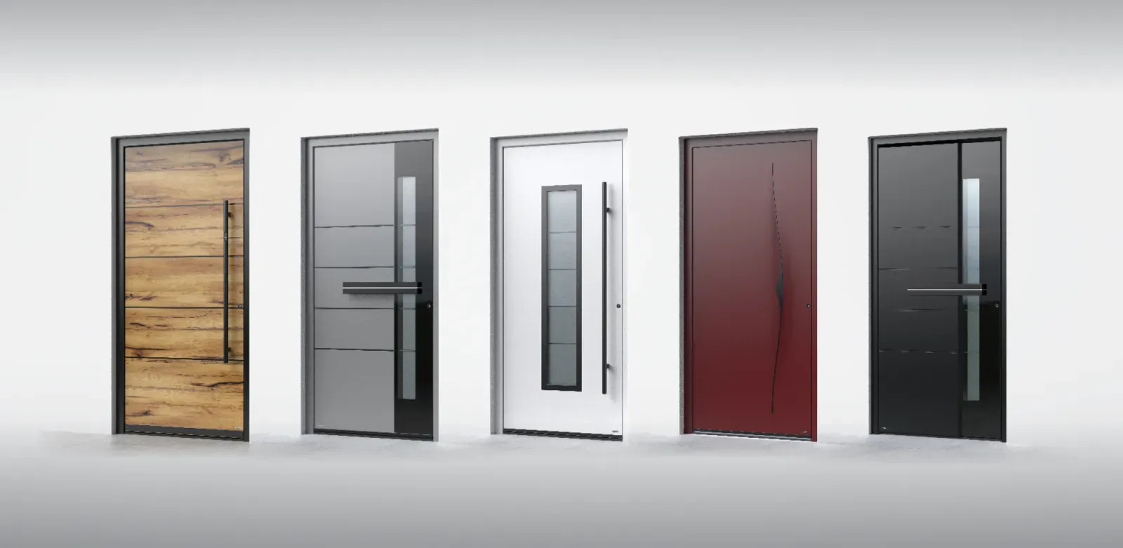 Pet različnih vrat, vključno z lesenimi, steklenimi in barvnimi različicami, razporejenih v vrsto.