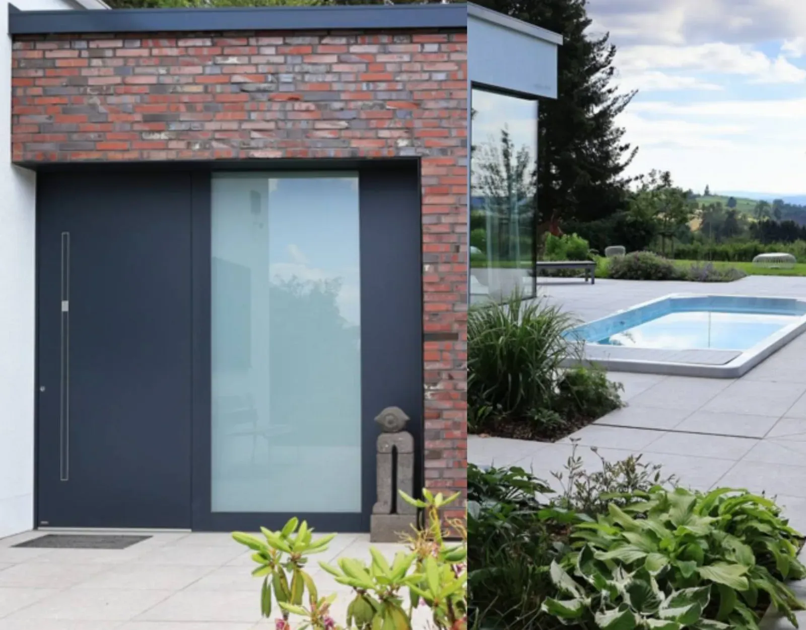 Vrata so temno modra z velikim steklom in ozko stransko linijo.