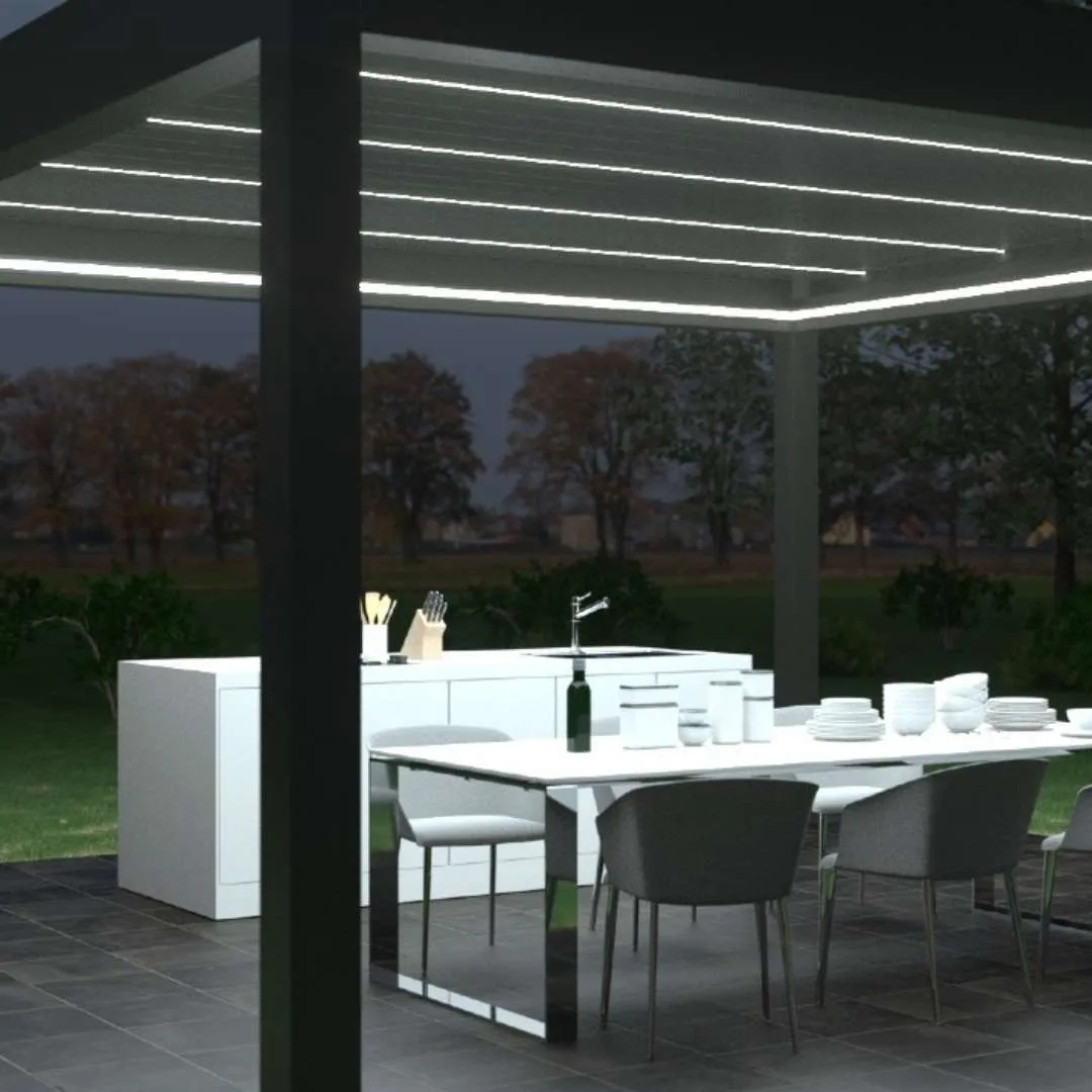 Outdoor‑Küche unter einer bioklimatischen freistehenden Terrasenüberdachung