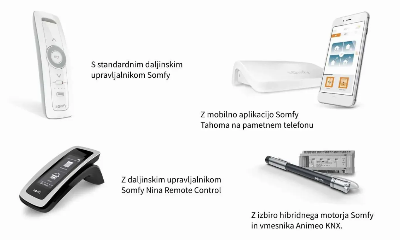 Daljinski upravljalnik Somfy in mobilna aplikacija Tahoma za upravljanje z avtomatizacijo.
