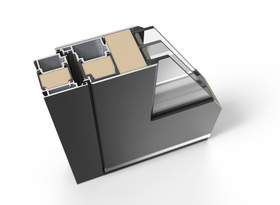 Prikazan je prereza profil vrata z več plastmi in steklom.