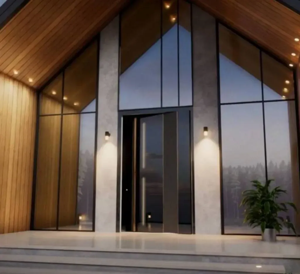 Vrata so delno odprta in se nahajajo med velikimi steklenimi površinami ter leseno oblogo na stropu.