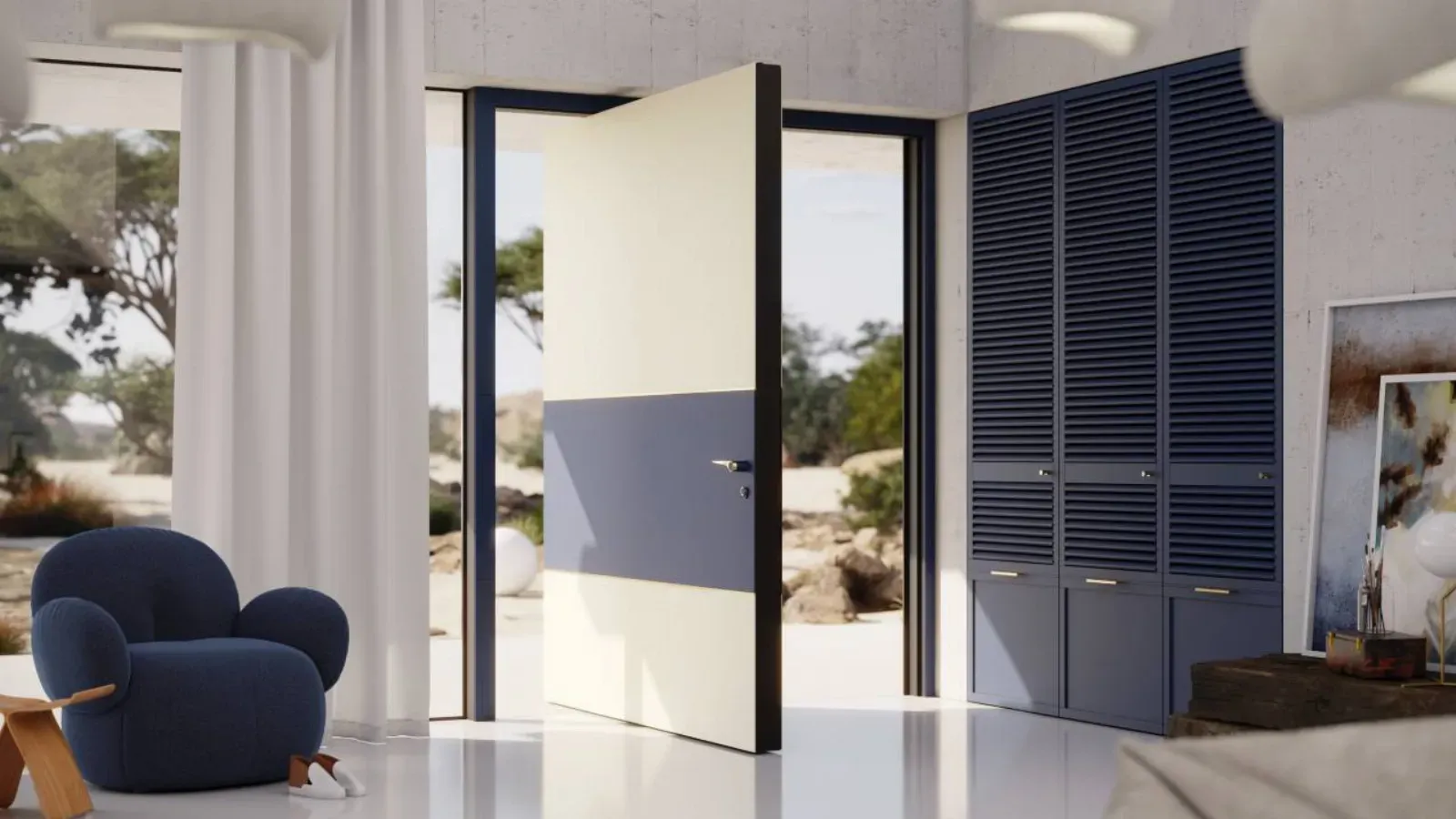 Odprta vrata z dvema barvnima pasovima, ena svetla in ena temna, ob steni z rešetkastimi omarami.