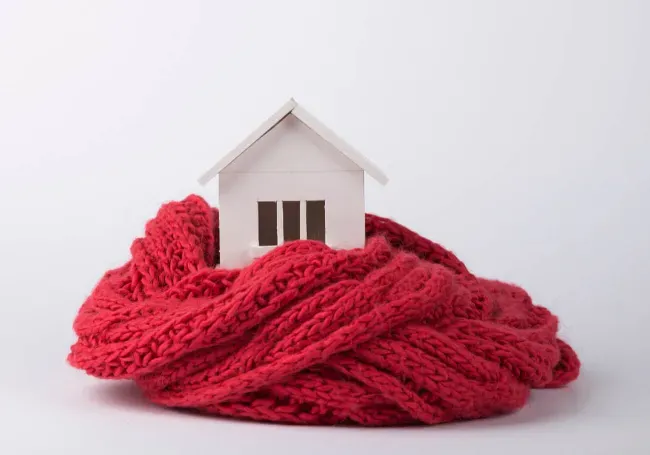 Majhna bela hiška s tremi okni na vrhu rdečega pletenega šala.