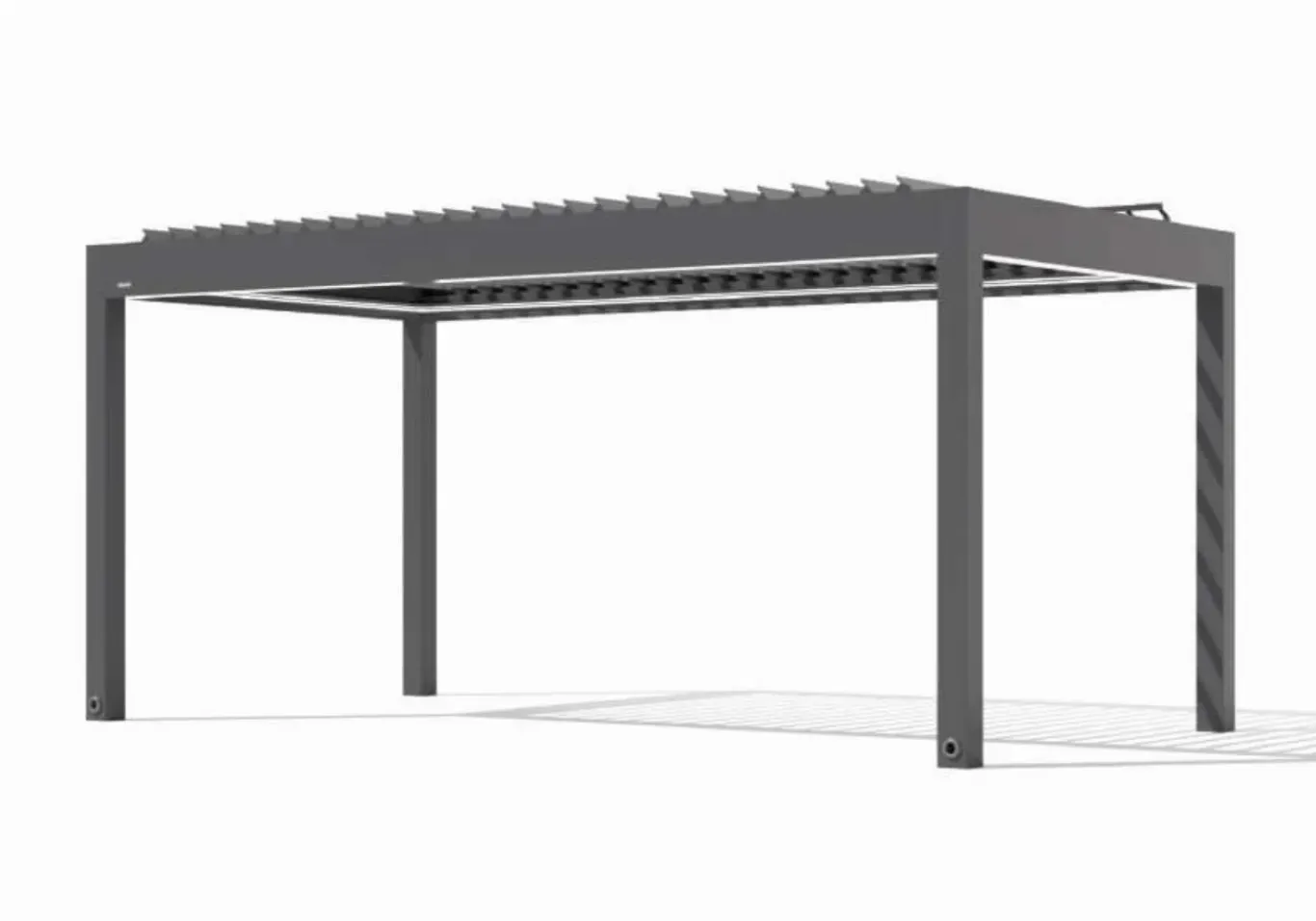 Pergola z večimi vodoravnimi letvami in štirimi vertikalnimi stebri.