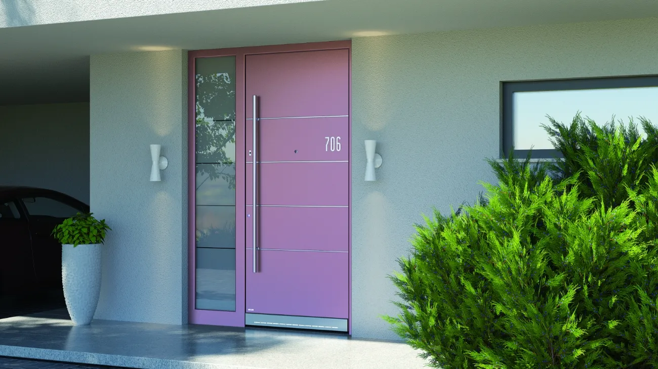 Purple front doors with historic and modern design