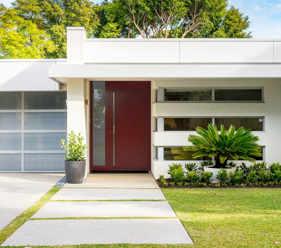 Red front door in context