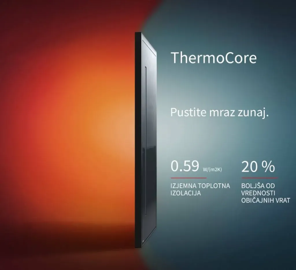 Črna vrata s tehnologijo ThermoCore, prikazana s stranske perspektive.