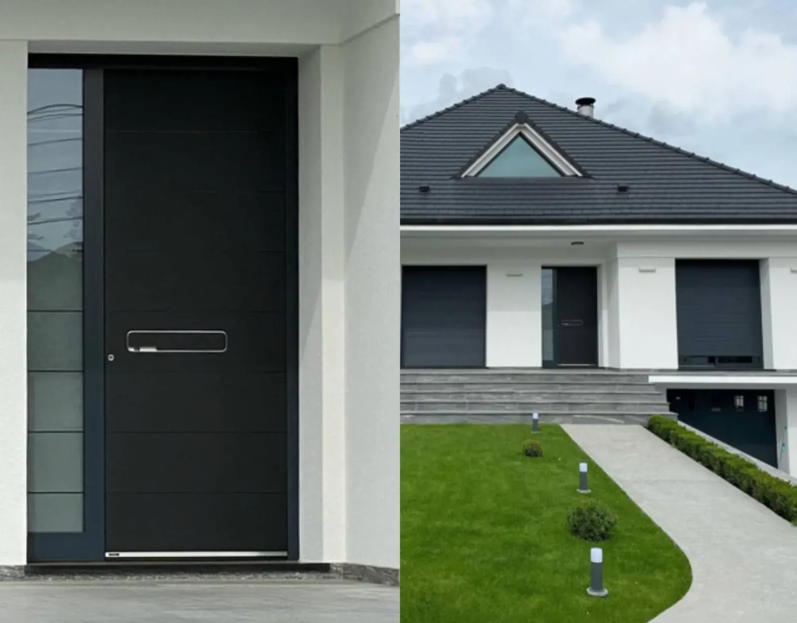 Črna vhodna vrata z steklenim delom in ročajem.