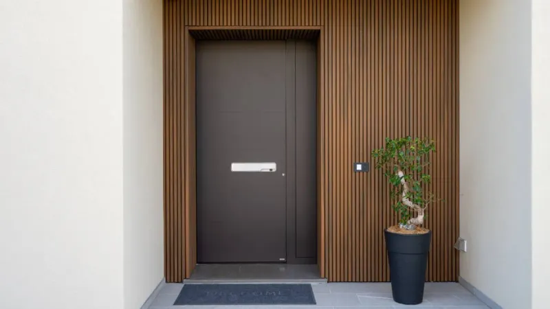 Vrata s preprosto obliko in kovinsko ročico so obkrožena z lesenimi letvami, ob strani pa je lončnica z rastlino.