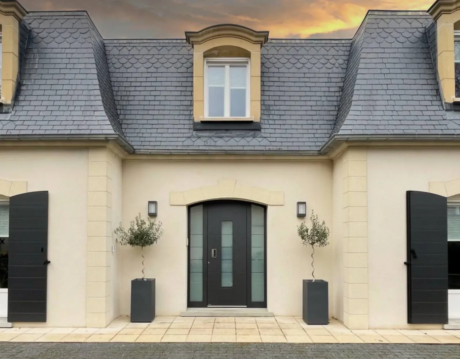 Vrata z več steklenimi paneli in črne lesene rolete ob straneh, obdanih z dvema okrasnima rastlinama v lončkih.