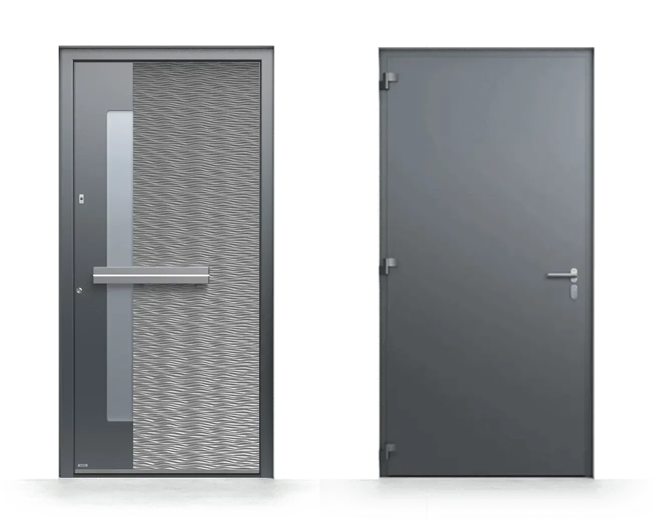 Dve vrata, ena z valovito teksturo in steklenim vložkom, druga enobarvna brez dodatkov.