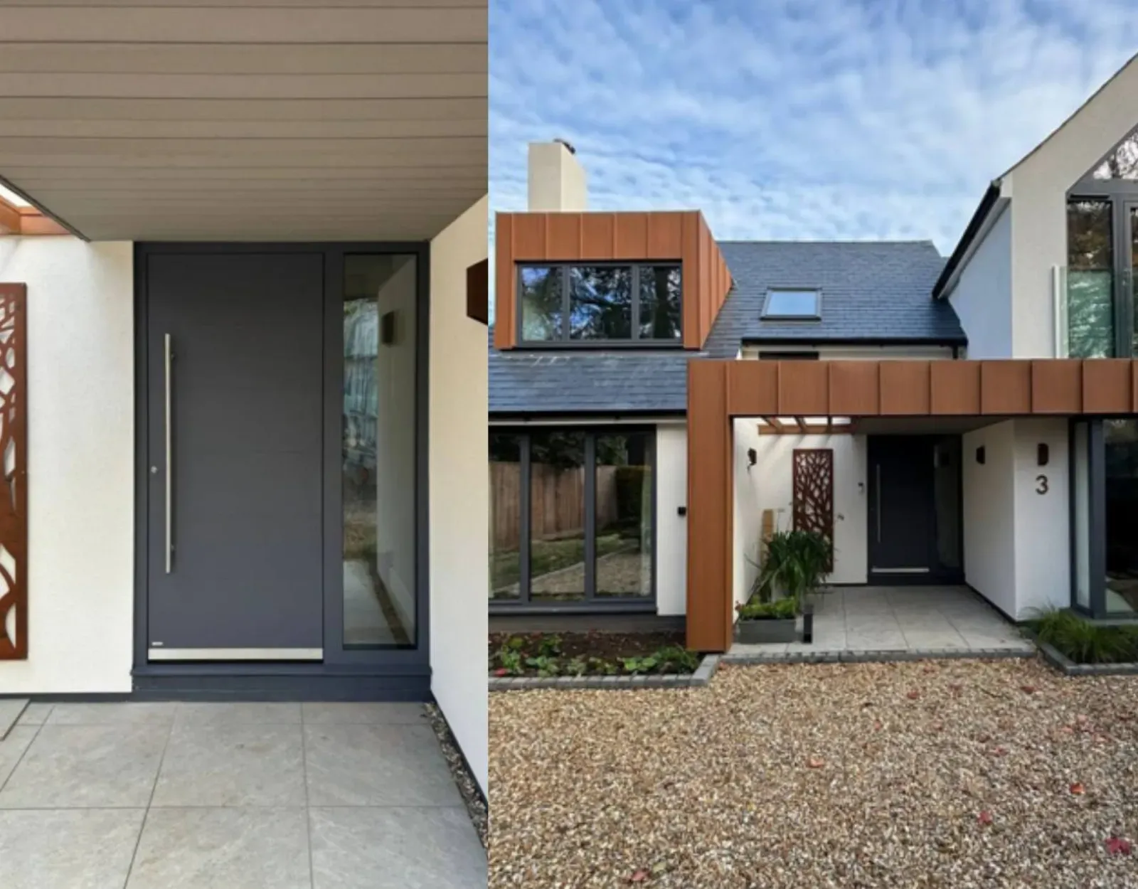 Siva vhodna vrata z velikim steklenim oknom in kovinsko ročico.