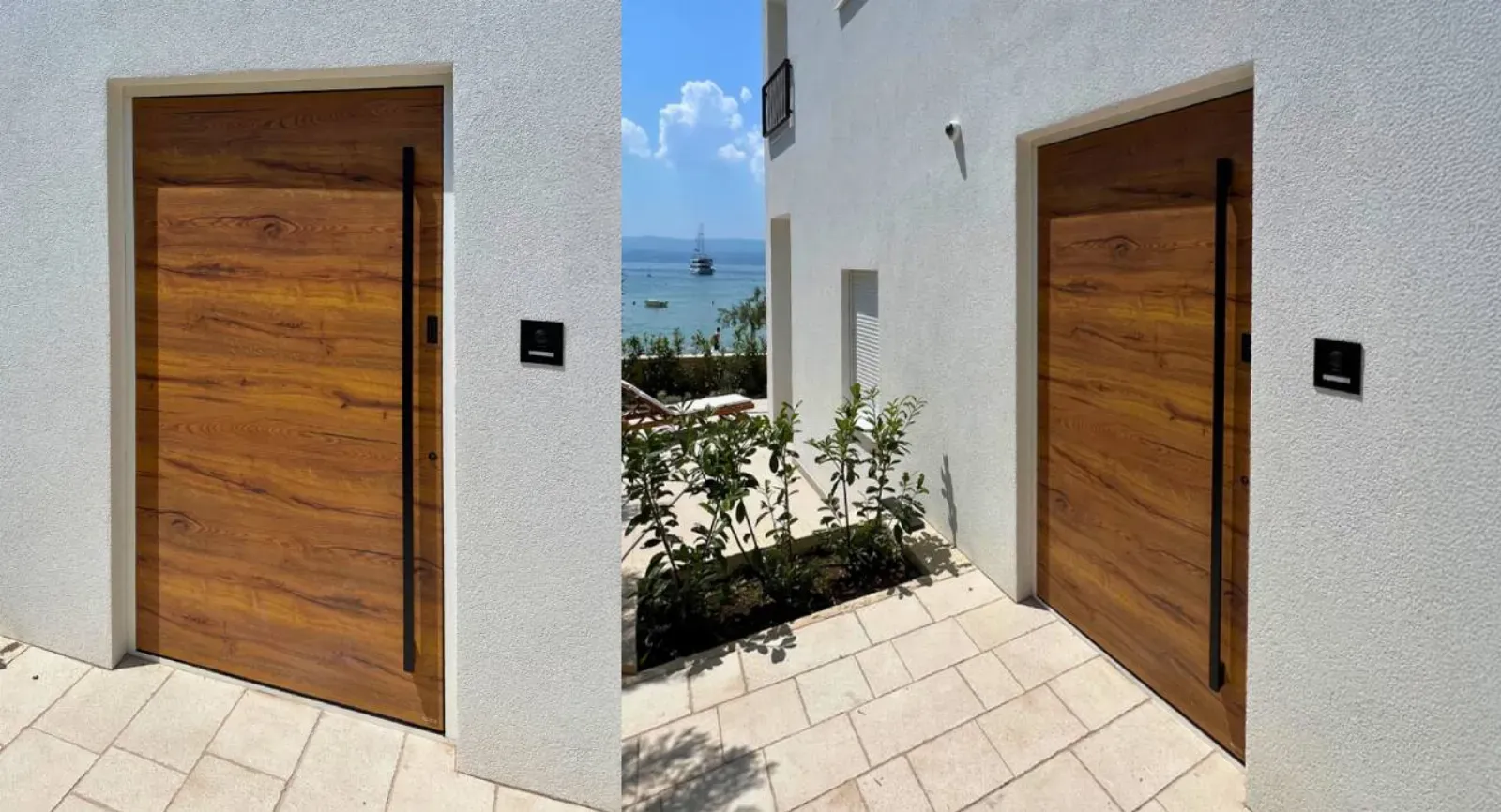 Dve leseni vhodni vrata z ravnimi črnimi ročaji na beli steni.