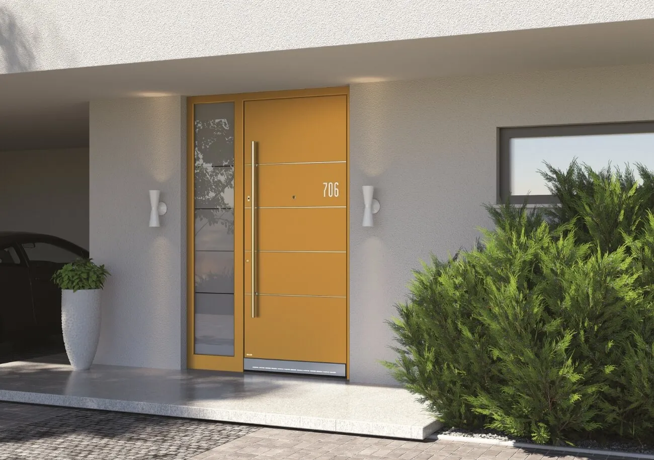 Yellow front door on brick and neutral homes