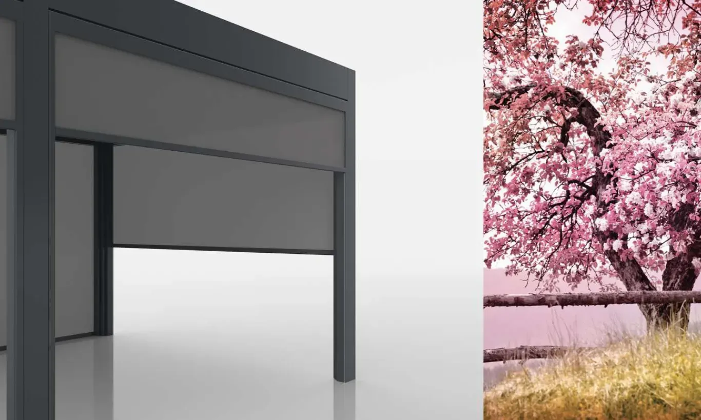 Pogled na pergolo s temnimi okvirji in prozornimi paneli.